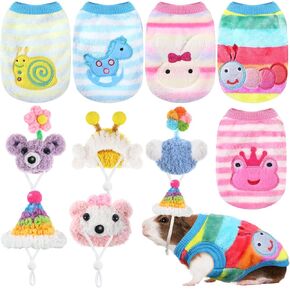 10 Pcs Guinea Pig Clothes Set, 5 Guinea Pig Costume Outfit, 5 Cute Mini Hat with Adjustable Strap Small Animal Warm Vest Sweater Cozy Hand Knitted Hat for Hamster Bunny(Macaron Style)
