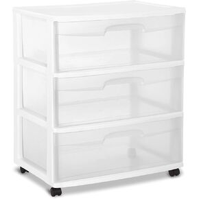 White 3 Drawer Cart, Wide Rolling Plastic Storage Drawer Cart, Versatile 3 Drawer Organizer and Plastic Storage Shelves for Home Office
