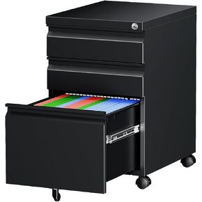 Letaya Mobile File Cabinet with Lock,Under Desk Rolling 3 Drawer Filing Cabinets for Home Office Letter/Legal/A4/F4 (Black- Requires installation)