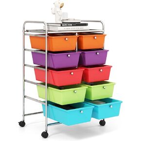 GOFLAME 10-Drawer Rolling Storage Cart, Art Craft Storage Organizer on Wheels, Multipurpose Movable Utility Cart for School, Office and Home, Rainbow