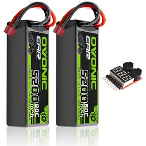 OVONIC Lipo Battery 11.1V 80C 5200mAh 3S Battery with Dean-Style T Plug Hardcase Battery for RC Car Boat Truck Helicopter Airplane Racing Models(2 Packs)(with Lipo Voltage Checker)