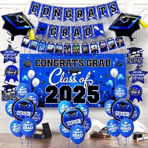 Graduation decorations class of 2025,graduation backdrop sign,Congrats grad banner,Hanging Swirls,Blue grad balloons for men women graduation party decorations（Blue）