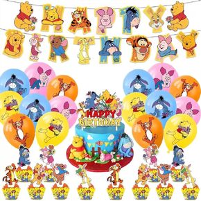 Winnie the P birthday party supplies, including bunting flags, balloons, cake forks, cutlery, and ropes. It's a great decoration set for birthday parties and baby showers.