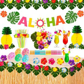 Luau Party Decorations Set(136 Pcs), Hawaiian Tropical Summer Beach Pool Party Favors with ALOHA Banner, Hawaiian Grass Table Skirt, Flowers, Leaves, Umbrellas, Paper Pineapple for Party Supplies