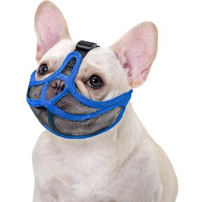OHCOZZY Short Snout Dog Muzzle, Won’t Cover Forehead Bulldog Muzzle Adjustable Breathe Mesh, Anti Bitting Chewing Barking(M,Blue)
