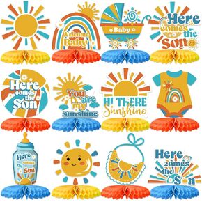 12PCS Here Comes The Son Baby Shower Decorations Honeycomb Centerpiece Boho Baby Shower Rainbow Sun Party Table Decor Retro Sunshine Table Toppers Honeycomb for Baby Boys Birthday Gender Reveal
