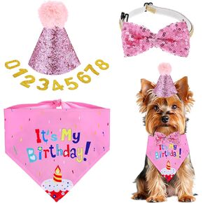 Dog Birthday Bandana Scarf Cute Doggy Party Hat with Numbers Bow Tie Puppy Girl Boy Party Decorations Supplies for Small Dogs Pets for Small Pets Pink