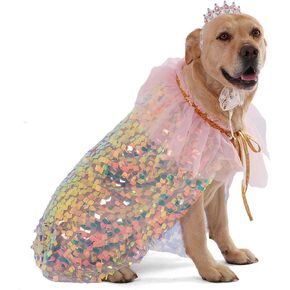 زي فلاديورت دوج الأميرة زي مع التاج من أحجار الراين ، Pet Cat Cape Cape Birthday Party Party Outsuits ، ملابس قوس قزح حوريات البحر أزياء الهالوين للكلاب الكبيرة المتوسطة الكبيرة ، كبيرة.
