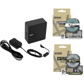 LABELWORKS Epson LW-C610PXADPTBLK Garden Bundle - Label Maker, Adapter, & Black on Clear and White on Khaki Tape