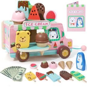 XIAPIA Ice Cream Toys for Girls, Wooden Ice Cream Cart, Pretend Play Toys for 1 2 3 Year Old, Play Food Truck Store for Toddlers 1-3, Boys Ice Lolly Shop Playset, Birthday Gifts for Baby 12-18 Month