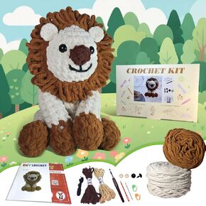 Alutaba Crochet Kit for Beginners, 10in Lion Crochet Animal Kits for Adults and Kids with Step by Step Videos Tutorials, Knitting Kit for Crochet Lover Starter Birthday Holiday Gift,DIY Handmade Gifts