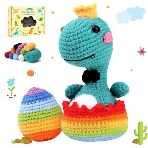 Brikabia Crochet Kit for Beginners, 2PCS Crochet Starter Kit Include Crochet Hooks, Soft Knitting Yarn, Step by Step Video Tutorials, Ideal Holiday Birthday Gift, Dinasaur & Egg