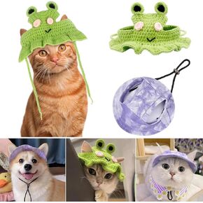 2PCS Cat Hats for Cats - Green Frog Shape Pet Cap & Purple Tiny Cowboy Hats with Ear Holes for Cat Kitten Birthday Party Cap