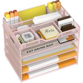 5 Tier Paper Letter Tray with 3 Drop-in Pen Holders, Mesh Desk File Organizer with Handle, Desk Organizers and Accessories for School,Home, Office Supplies Storage-Black