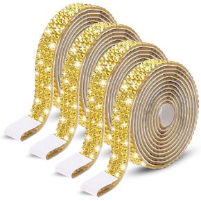 4 Rolls Self Adhesive Rhinestone Ribbons, 4 Rolls 3 Yards Gold Glitter Crystal Rhinestone Strips Sticker Glitter Wrap Roll for DIY Crafts Car Shoes Clothes