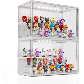 Acrylic Display Case for Collectibles with LED Light, 3 Layer Adjustable Figure Display Case with Magnetic Door, Lighted Display Case Box Stackable Clear Blind Box for Action Figure, Popmart, 2 Pack