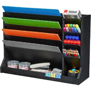 4-Tier Wood Wall Hanging File Organizer with Pencil storage and Bottom Flat Tray，Wall Organizer for Office, Mail Organizer Countertop & Desk File Organizer for Home Office Supplies, Black