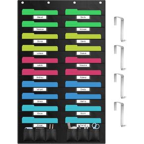 ZKOO 5 Pockets Hanging Wall File Organizer for A4 Size Paper/Legal/ Letter Size Document, Sturdy Wall Mail Organizer Black Pocket Chart Great for Classroom, Office, Home Use with 2 Hangers