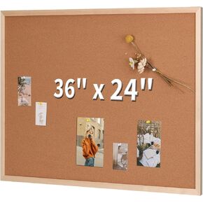 Cork Bulletin Board, 36'' X 24'', Wood Framed Corkboard, Cork Board for Home, School and Office, Decorative Push Pin Board with 20 Push pins