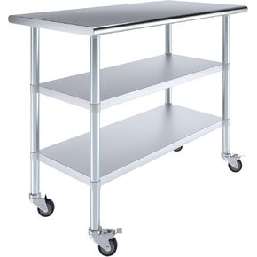 AmGood Stainless Steel Work Table with 2 Shelves and Casters | Metal Utility Table On Wheels (Stainless Steel Work Table with 2 Shelves + Casters, 48" Long x 24" Deep)