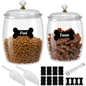 2 Pack Dog Treat Container Airtight, Dog Food Storage Container Dog Treat Jar with Lid 9.8x6.3 & 8.6x5.3 inch Clear Dog Cookie Jar with Scoops,Clamp,Labels for Dog Cat Bird and other Pet