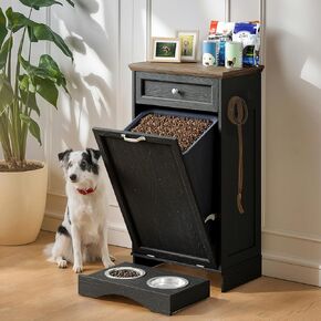 FIMELLO 13 Gallons Dog Feeding Station,Tilt-Out Dog Food Storage Cabinet with Drawer,Pet Feeder Cabinet,White Oak