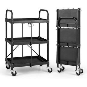 Goplus Folding Utility Cart on Wheels, 250lbs 3-Tier Rolling Tool Cart w/Lockable Casters & Compartments, Fast Fold up Collapsible Metal Service Cart for Office, Garage, Kitchen, Black