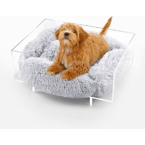 DBD2000A Carole 24" x 18" Small/Medium Modern Lucite Calming Fluffy Pet Bed with Washable Cushion, Light Gray/Clear
