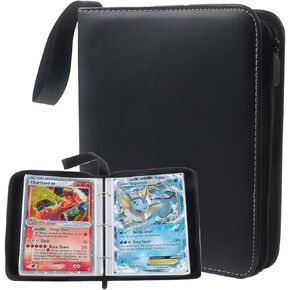 Klmnop Jumbo Card Binder, 50 Pockets Hold Oversized Big Card 3 Rings with Wrist Strap, Portable Leather Jumbo Binder 6.4"x 8.46"(Black)