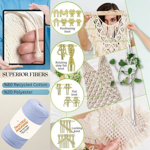 Twisted Macrame VR Cord 250g 672 feet 224 Yards Single Strand 4mm-5mm Twine Rope Sparkle Natural Cotton Cord String Crafts Wall Hanger Plant Thread Hanging 1 Skein VR 90919 in Kuwait