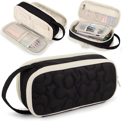 Pencil Case For Girls,Flower Quilted Large Capacity Pencil Pouch With 2 Compartment, Zipper Pencil Bag With Handle, Women Soft Pencil Box For Middle School Office College in Saudi Arabia