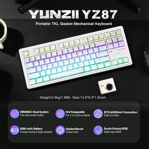 YUNZII YZ87 75% Gasket Mechanical Keyboard,TKL Wireless Hot Swappable Bluetooth Gaming Keyboard with 4-Layer Padding,BT5.0/2.4Ghz/Type-C NKRO RGB Keyboard for Linux/Win/Mac(Black,Milk Switch) in Kuwait