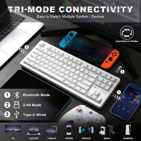 YUNZII YZ87 75% Gasket Mechanical Keyboard,TKL Wireless Hot Swappable Bluetooth Gaming Keyboard with 4-Layer Padding,BT5.0/2.4Ghz/Type-C NKRO RGB Keyboard for Linux/Win/Mac(Black,Milk Switch) in Kuwait