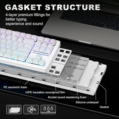 YUNZII YZ87 75% Gasket Mechanical Keyboard,TKL Wireless Hot Swappable Bluetooth Gaming Keyboard with 4-Layer Padding,BT5.0/2.4Ghz/Type-C NKRO RGB Keyboard for Linux/Win/Mac(Black,Milk Switch) in Kuwait