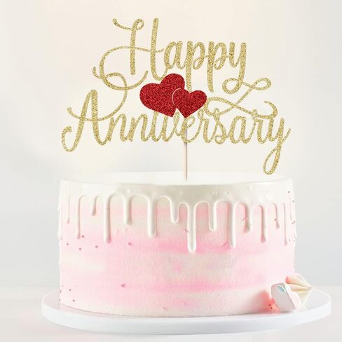 Kaoenla Happy Anniversary Cake Topper - Gold Glitter Happy Birthday Cake Topper, Company Anniversary Party Decoration, Wedding Wedding Anniversary Party Cake Decoration in Kuwait