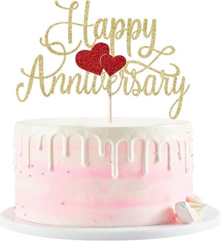 Kaoenla Happy Anniversary Cake Topper - Gold Glitter Happy Birthday Cake Topper, Company Anniversary Party Decoration, Wedding Wedding Anniversary Party Cake Decoration in Kuwait