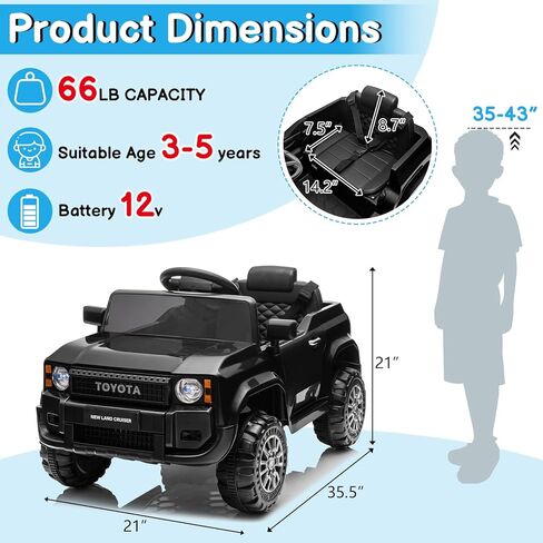 Winado 12V Ride on Car, Licensed Toyota Electric Truck for Toddlers W/Remote Control, Battery Car for Kids with Openable Doors, 3 Speeds, LED Lights, Music (Black) in Kuwait