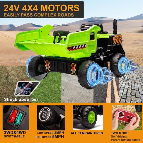 24 فولت على شاحنة تفريغ ، ركوب 24inch-2 مقعدًا على السيارة للأطفال مع التحكم عن بعد 4WD/2WD حتى 5 ميل في الساعة ، وركوب 24 فولت على الأطفال الكبار مع سرير تفريغ كهربائي مخروطات مرور مجرفة إضافية (أصفر) in Kuwait