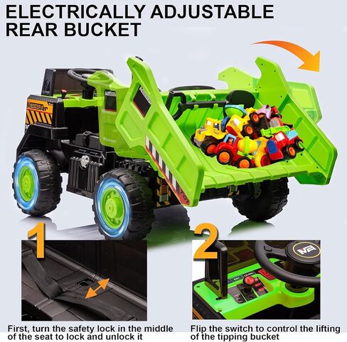 24 فولت على شاحنة تفريغ ، ركوب 24inch-2 مقعدًا على السيارة للأطفال مع التحكم عن بعد 4WD/2WD حتى 5 ميل في الساعة ، وركوب 24 فولت على الأطفال الكبار مع سرير تفريغ كهربائي مخروطات مرور مجرفة إضافية (أصفر) in Kuwait