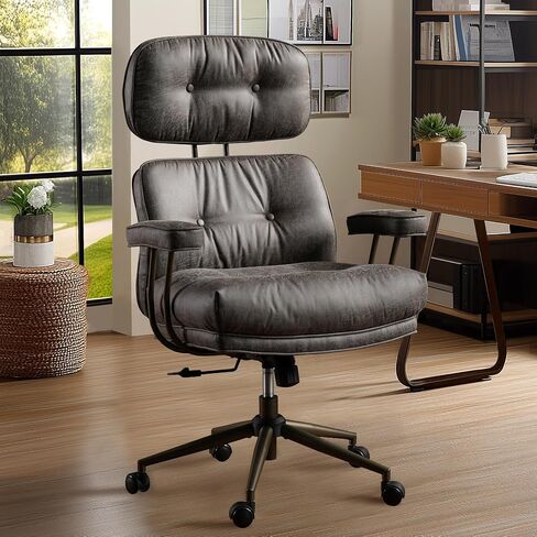 Mid Century Modren Large Office Chair, Big and Tall Ergonomic Executive Chair for Heavy Duty People, Computer Desk Task Chair with Wheels, Faux Lether Fabric Wide Chair for Home Sturdy,Dark Brown in Saudi Arabia