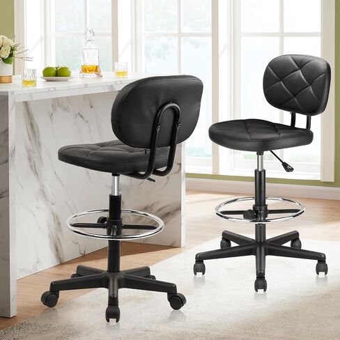 PU Leather Rolling Bar Stool with Wheels and Back, Tall Drafting Stool with Adjustable Height and Footrest, Multi-Purpose Office Desk Chair for Home Kitchen Shop Work, Black (1PK) in Kuwait
