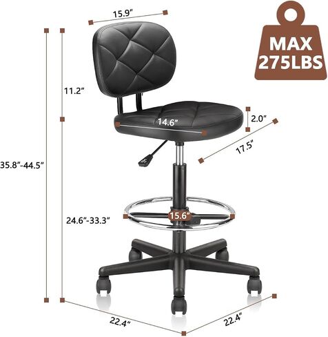 PU Leather Rolling Bar Stool with Wheels and Back, Tall Drafting Stool with Adjustable Height and Footrest, Multi-Purpose Office Desk Chair for Home Kitchen Shop Work, Black (1PK) in Kuwait