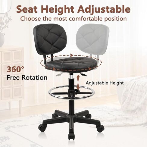 PU Leather Rolling Bar Stool with Wheels and Back, Tall Drafting Stool with Adjustable Height and Footrest, Multi-Purpose Office Desk Chair for Home Kitchen Shop Work, Black (1PK) in Kuwait