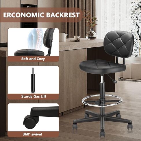 PU Leather Rolling Bar Stool with Wheels and Back, Tall Drafting Stool with Adjustable Height and Footrest, Multi-Purpose Office Desk Chair for Home Kitchen Shop Work, Black (1PK) in Kuwait