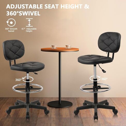 PU Leather Rolling Bar Stool with Wheels and Back, Tall Drafting Stool with Adjustable Height and Footrest, Multi-Purpose Office Desk Chair for Home Kitchen Shop Work, Black (1PK) in Kuwait