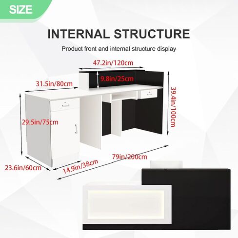 White and Black Reception Desk with LED Light Wooden Commercial Receptionists Desk Front Reception Counter Table Computer Workstation for Office Salon Checkout Right 79inch/200cm in Saudi Arabia