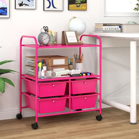 GOFLAME 4-Drawer Rolling Storage Cart with 2 Shelves, Mobile Utility Cart with Removable Drawers and Metal Frame, Art Craft Drawer Cart with Lockable Wheels for Home, Office, School, Studio, White in Kuwait