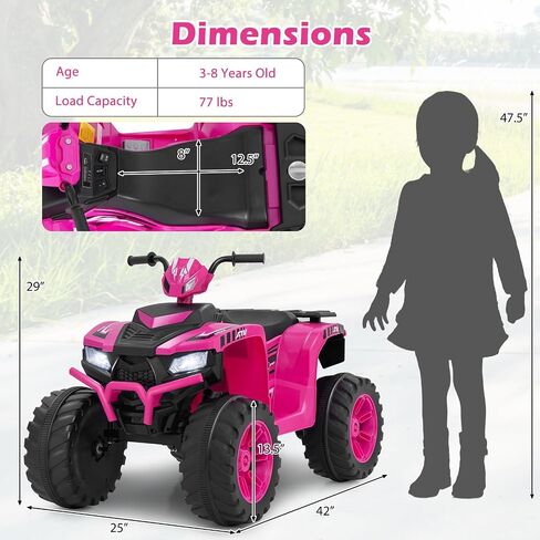Costzon Kids ATV, 12V Battery Powered Electric Vehicle w/LED Lights, High & Low Speed, Horn, Music, USB, Treaded Tires, Ride on Car 4 Wheeler Quad for Boys & Girls Gift, Ride on ATV (Pink) in Saudi Arabia