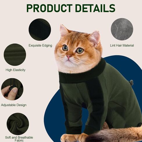 Cat Pajamas for Cats Only, Sticky Hair Cat Clothes, Long Sleeve Sphynx Clothes, Anti-Licking or Skin Disease Recovery Suit for Female Cats, Kitten Onesie Pajamas, ArmyGreen, S in Saudi Arabia