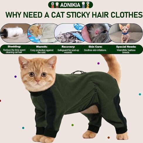 Cat Pajamas for Cats Only, Sticky Hair Cat Clothes, Long Sleeve Sphynx Clothes, Anti-Licking or Skin Disease Recovery Suit for Female Cats, Kitten Onesie Pajamas, ArmyGreen, S in Saudi Arabia
